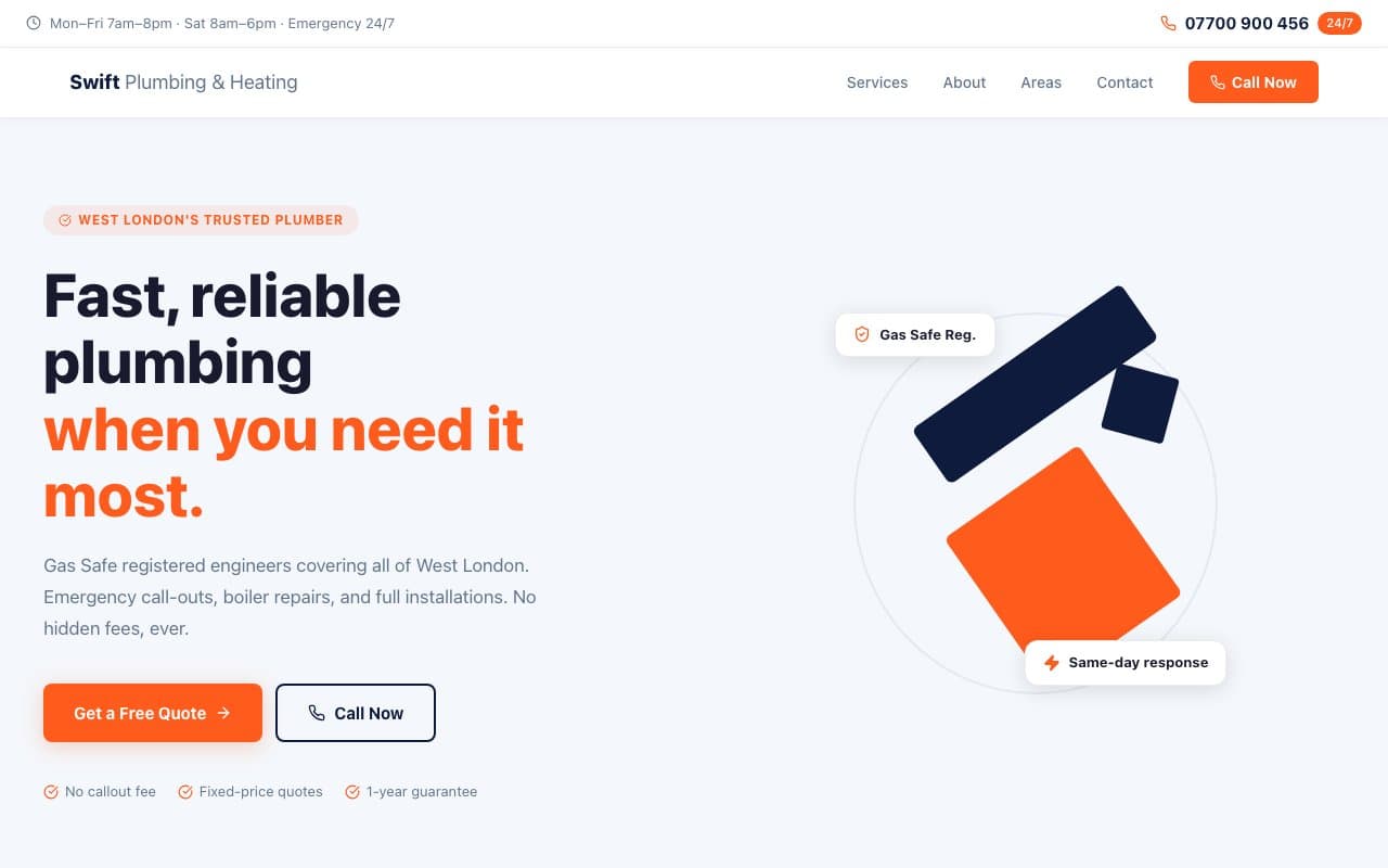 Swift Plumbing & Heating website screenshot