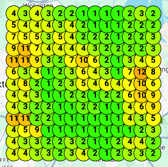 Local SEO heatmap after optimisation, mostly green, ranking in top 3 positions