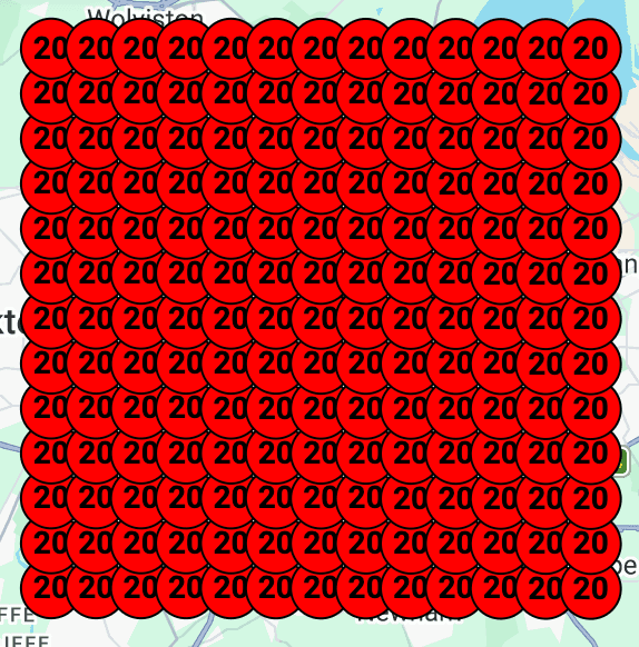Local SEO heatmap before optimisation, all red, ranking outside top 20