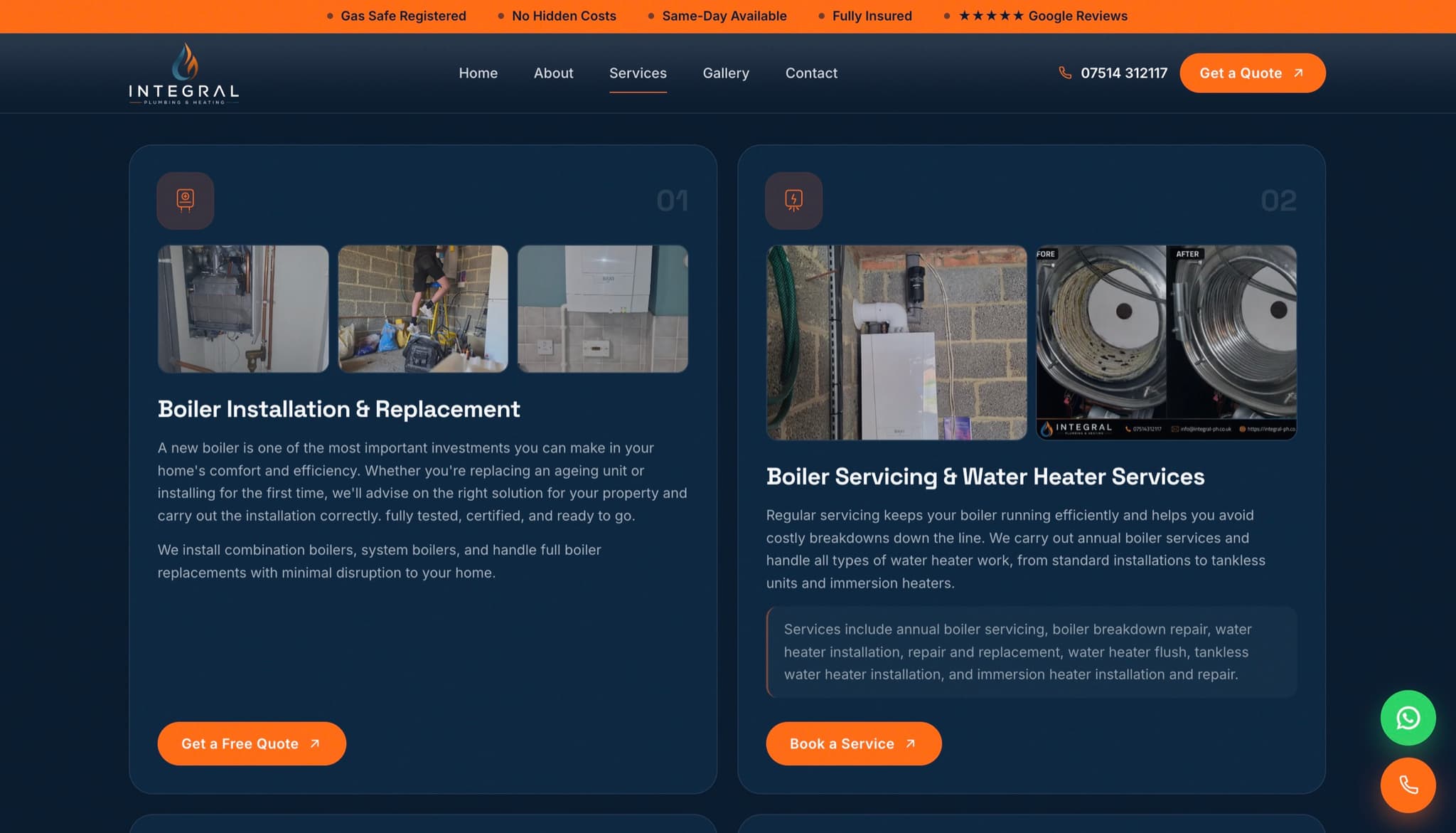 Integral Plumbing & Heating services page, boiler installation and boiler servicing detail