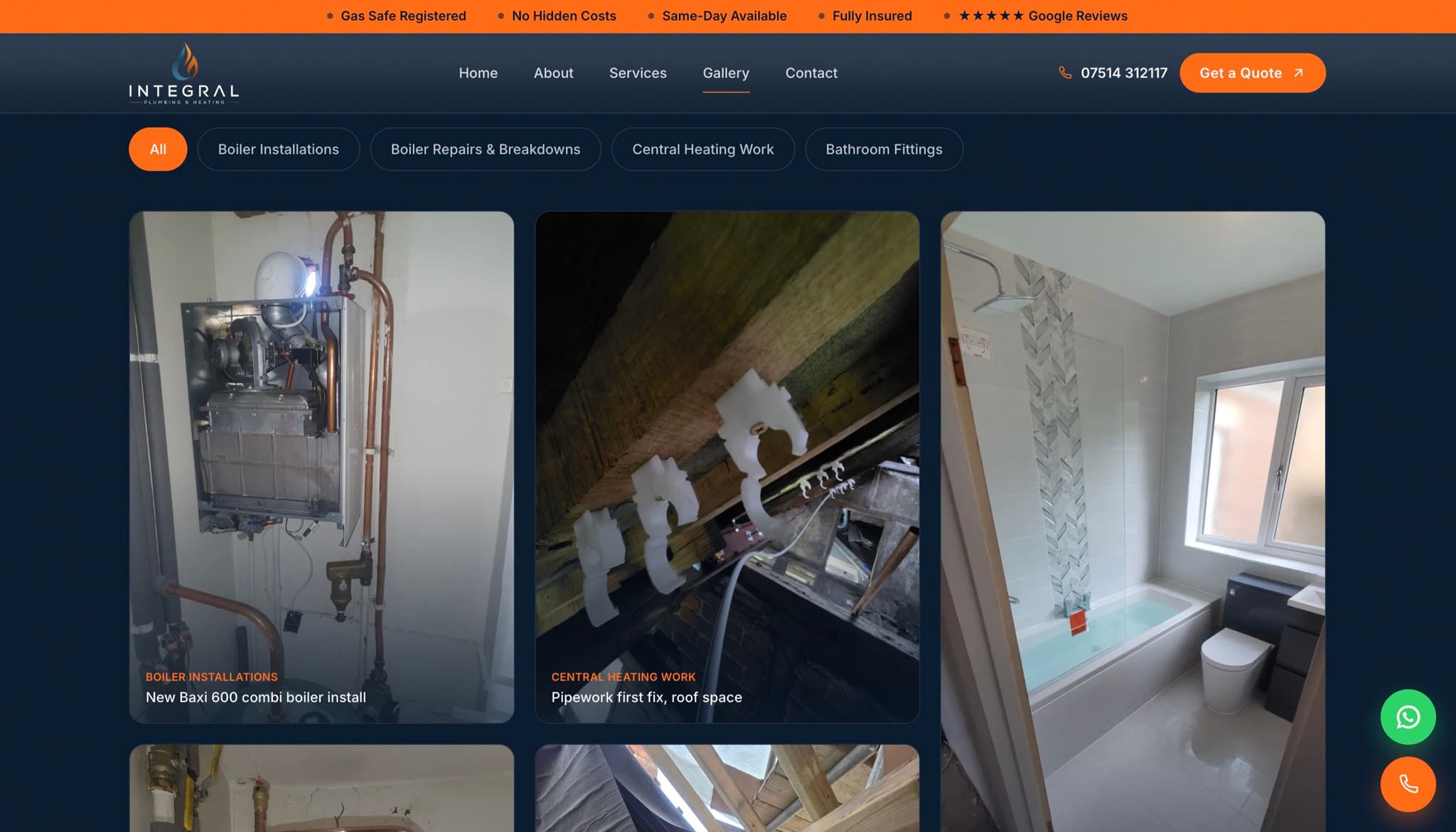 Integral Plumbing & Heating gallery page with filterable work categories
