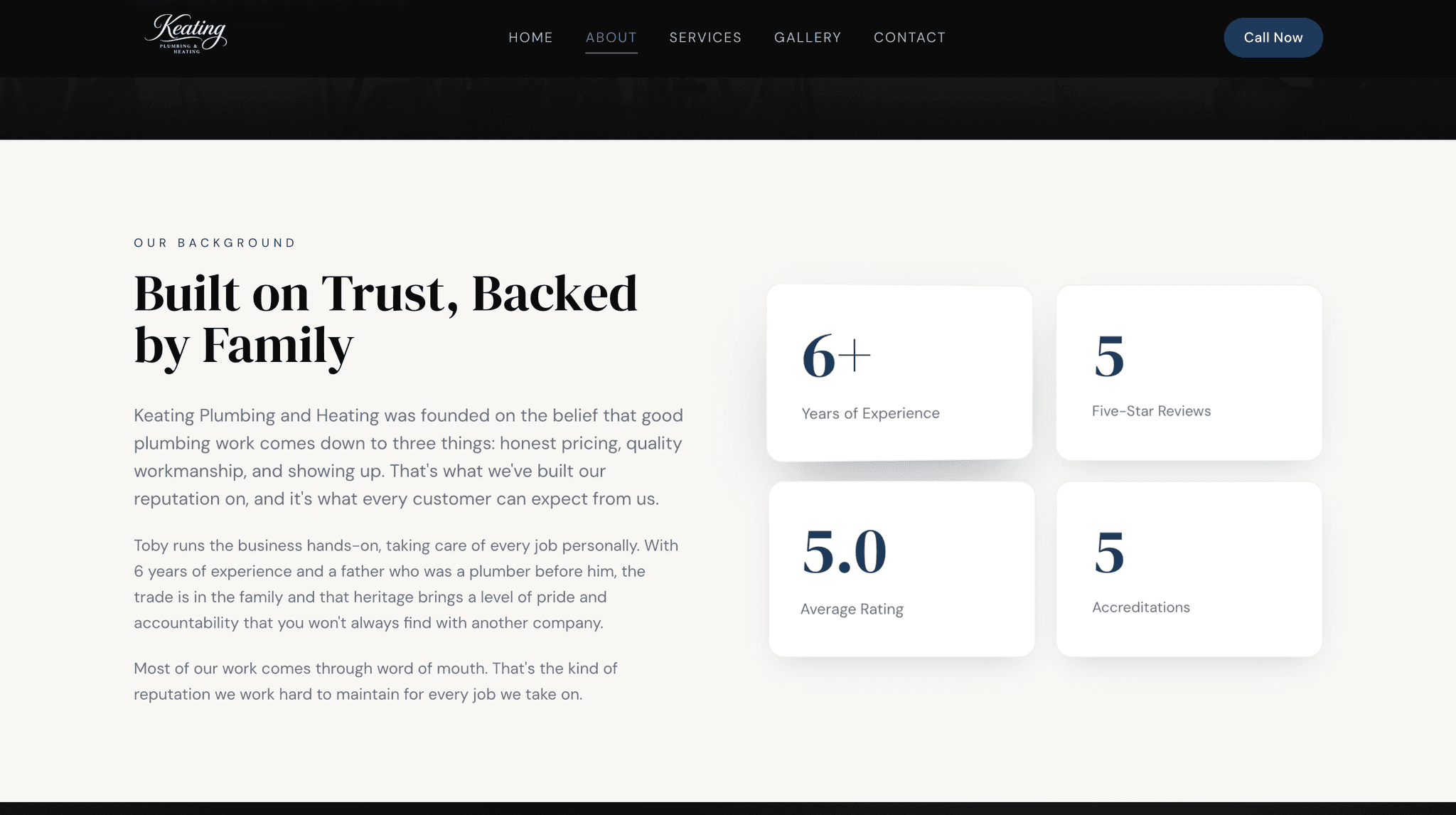 Keating Heating & Plumbing about page, built on trust and backed by family