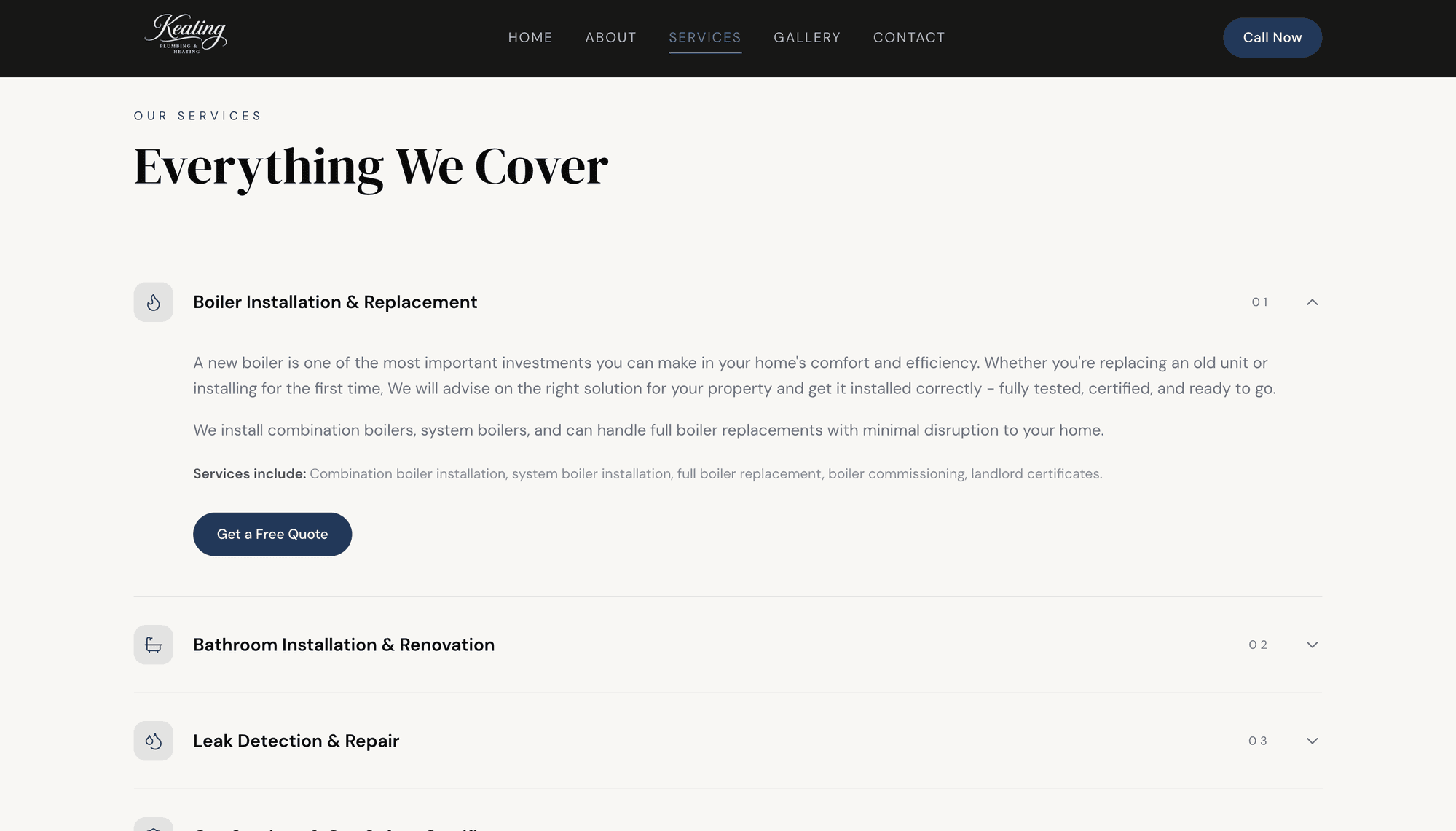 Keating Heating & Plumbing services page, everything we cover
