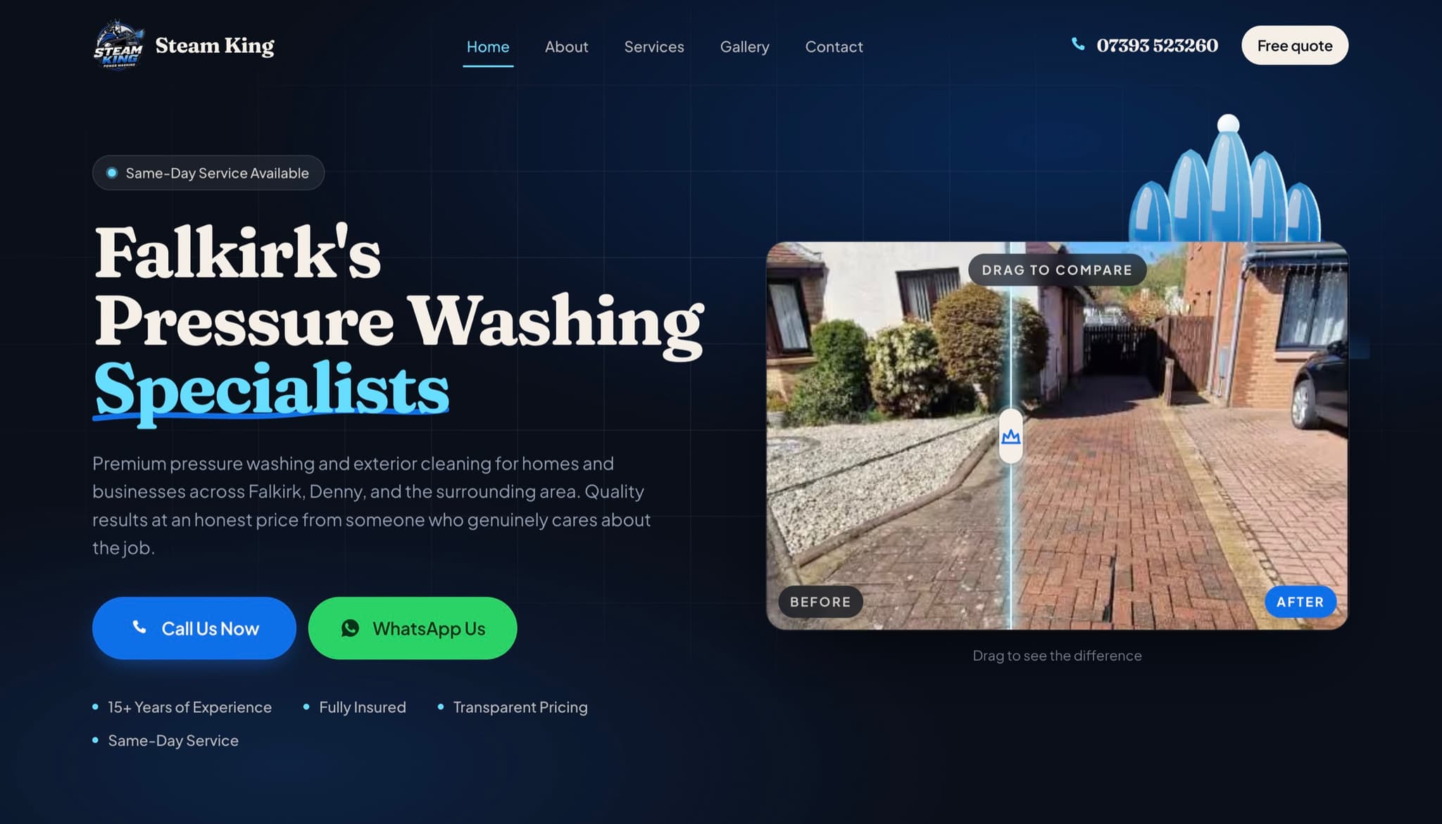 Steam King homepage hero, Falkirk pressure washing specialists with a drag-to-compare before and after