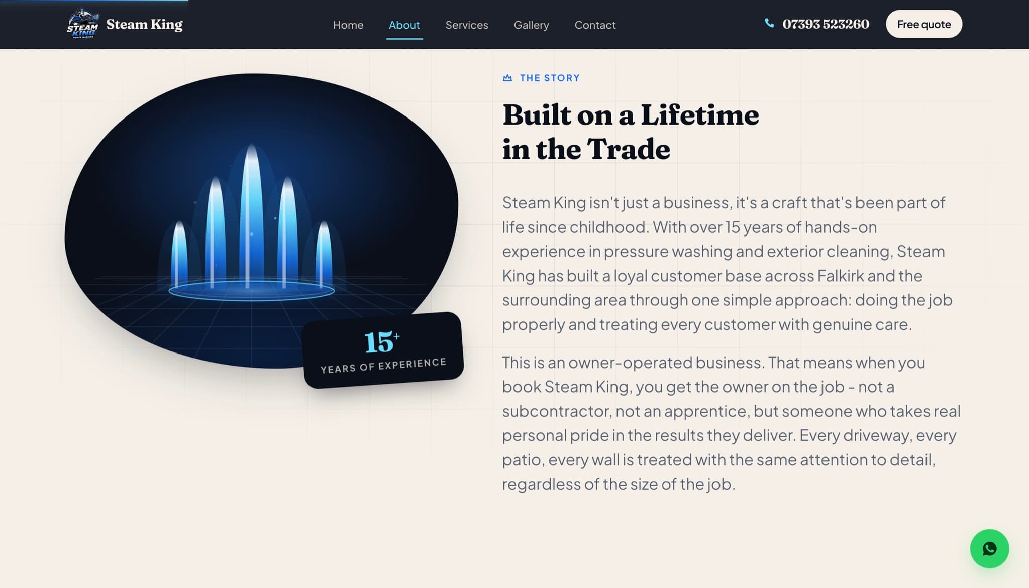 Steam King about page, built on a lifetime in the trade with 15 years of experience