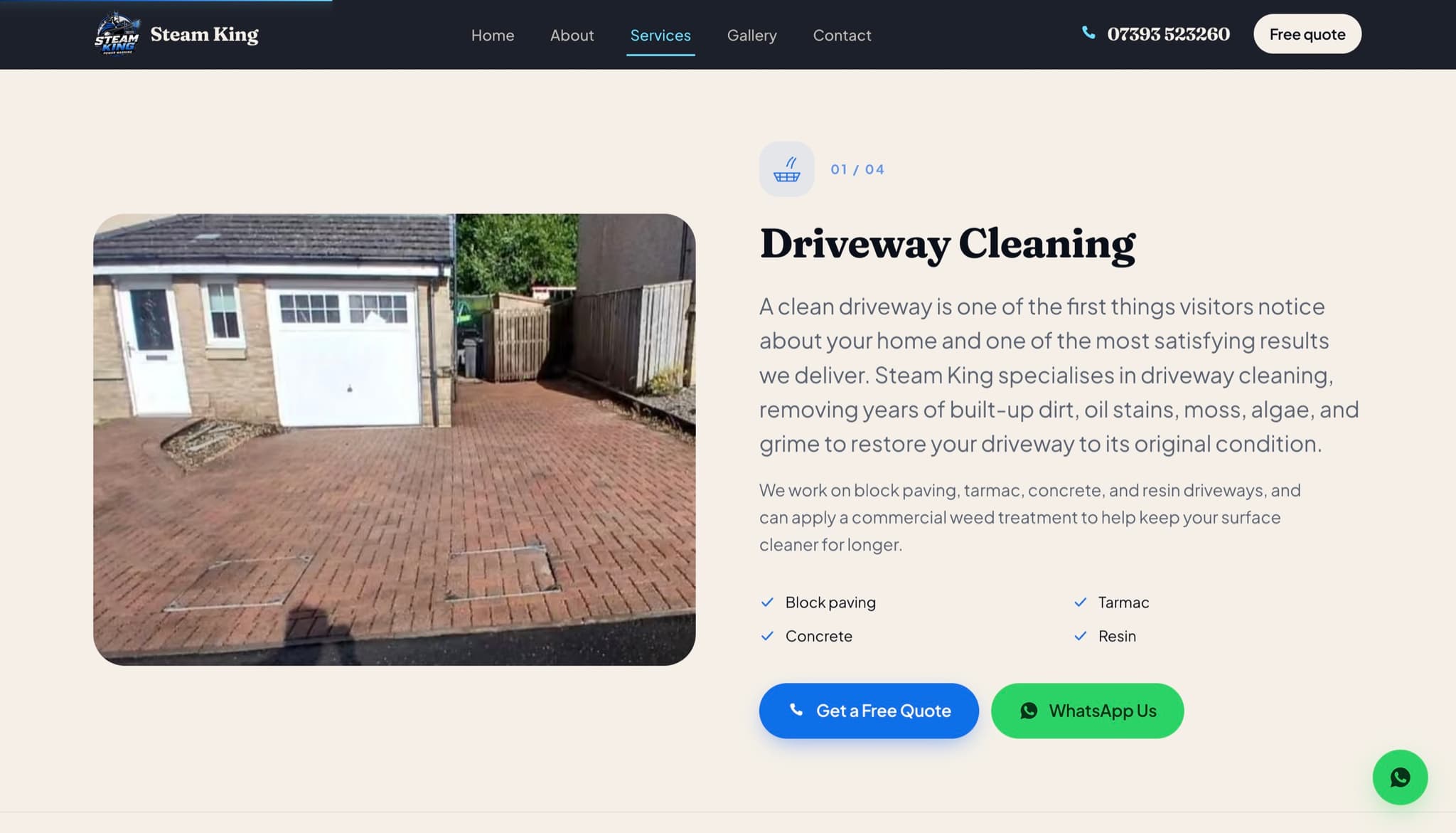 Steam King services page, driveway cleaning across block paving, tarmac, concrete and resin