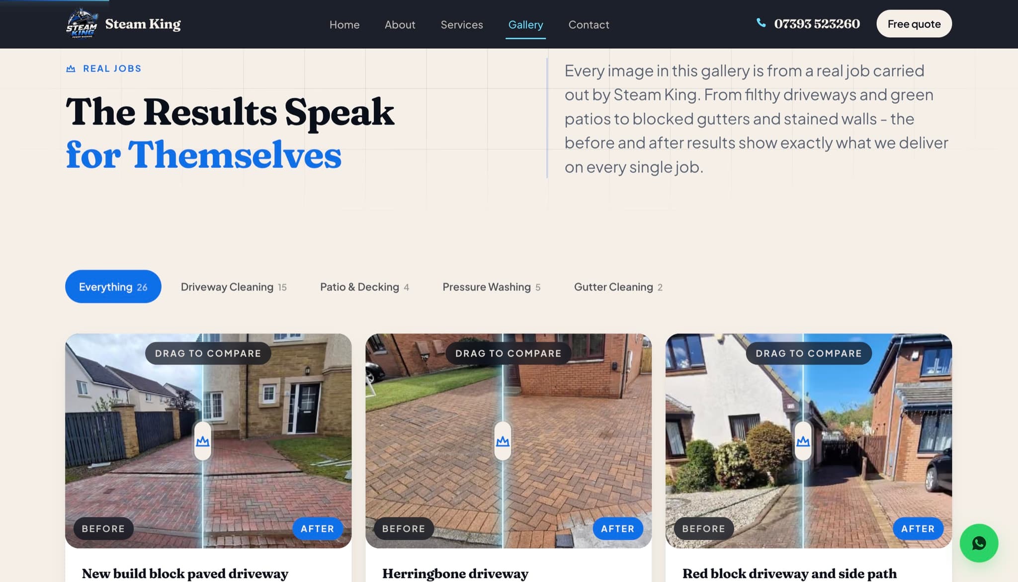 Steam King gallery page, filterable before and after sliders from real jobs