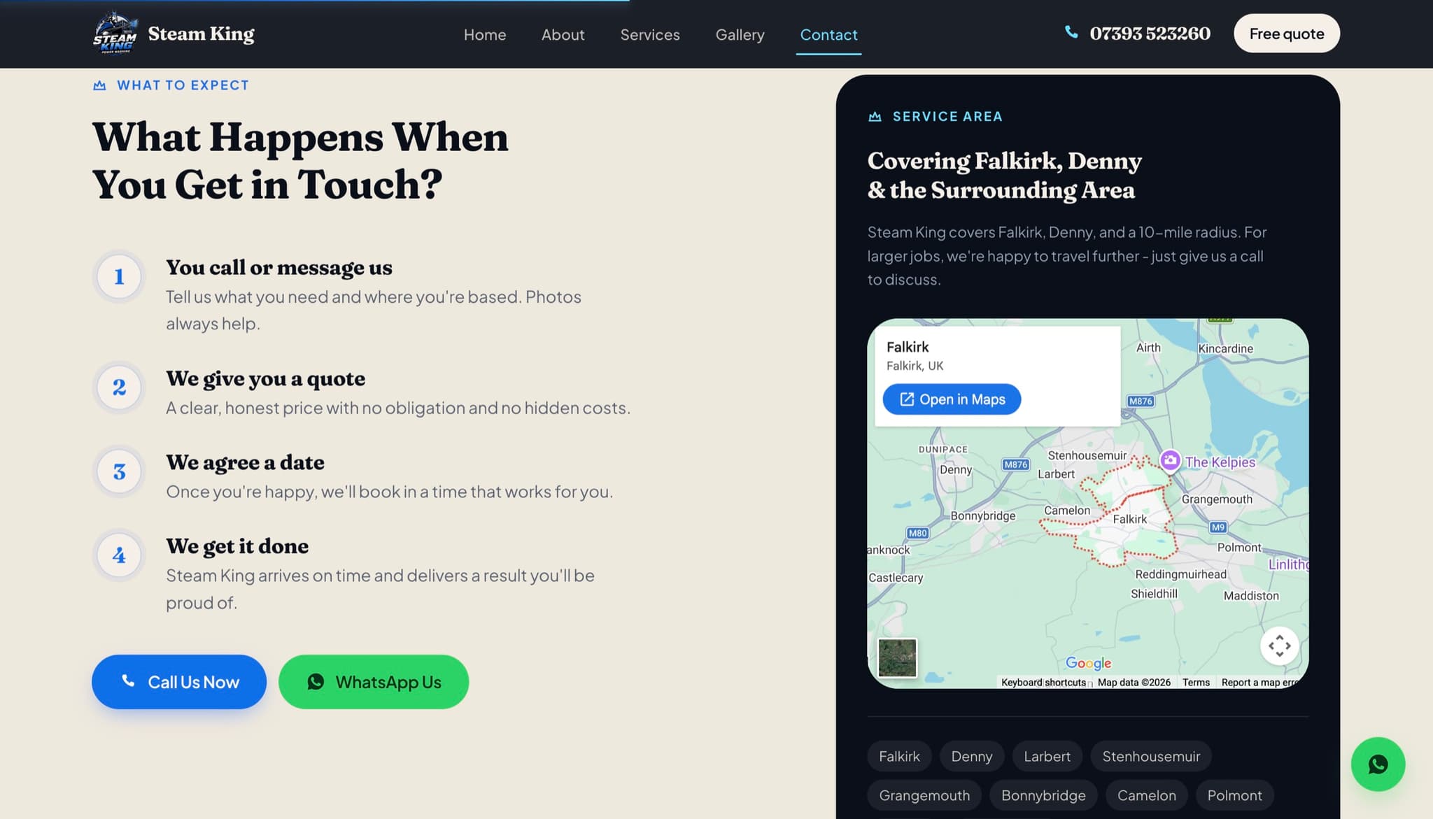 Steam King contact page, what happens when you get in touch and the Falkirk service area map