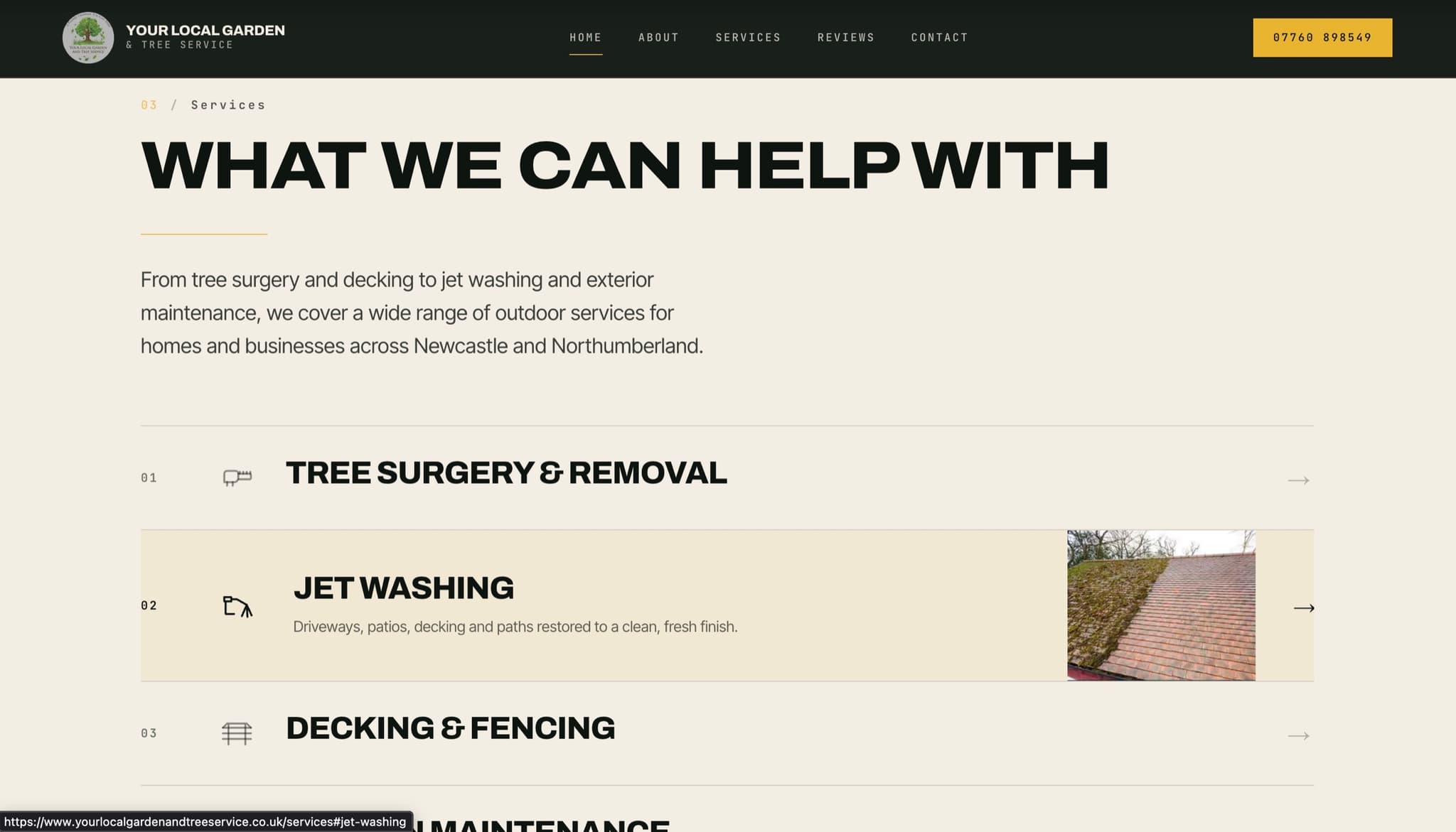 Your Local Garden and Tree Service homepage services list, from tree surgery to jet washing