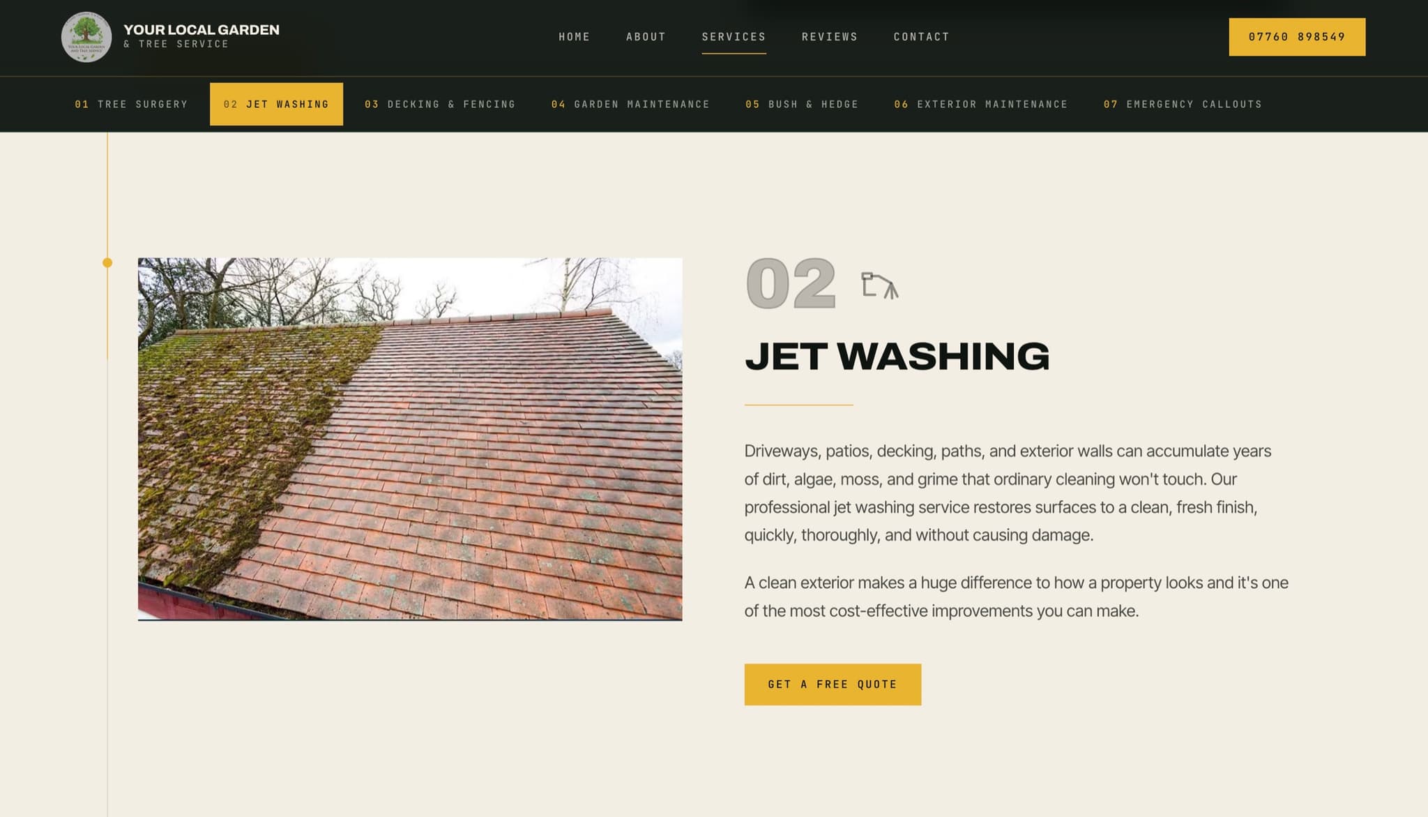 Your Local Garden and Tree Service services page, jet washing detail with tabbed service navigation