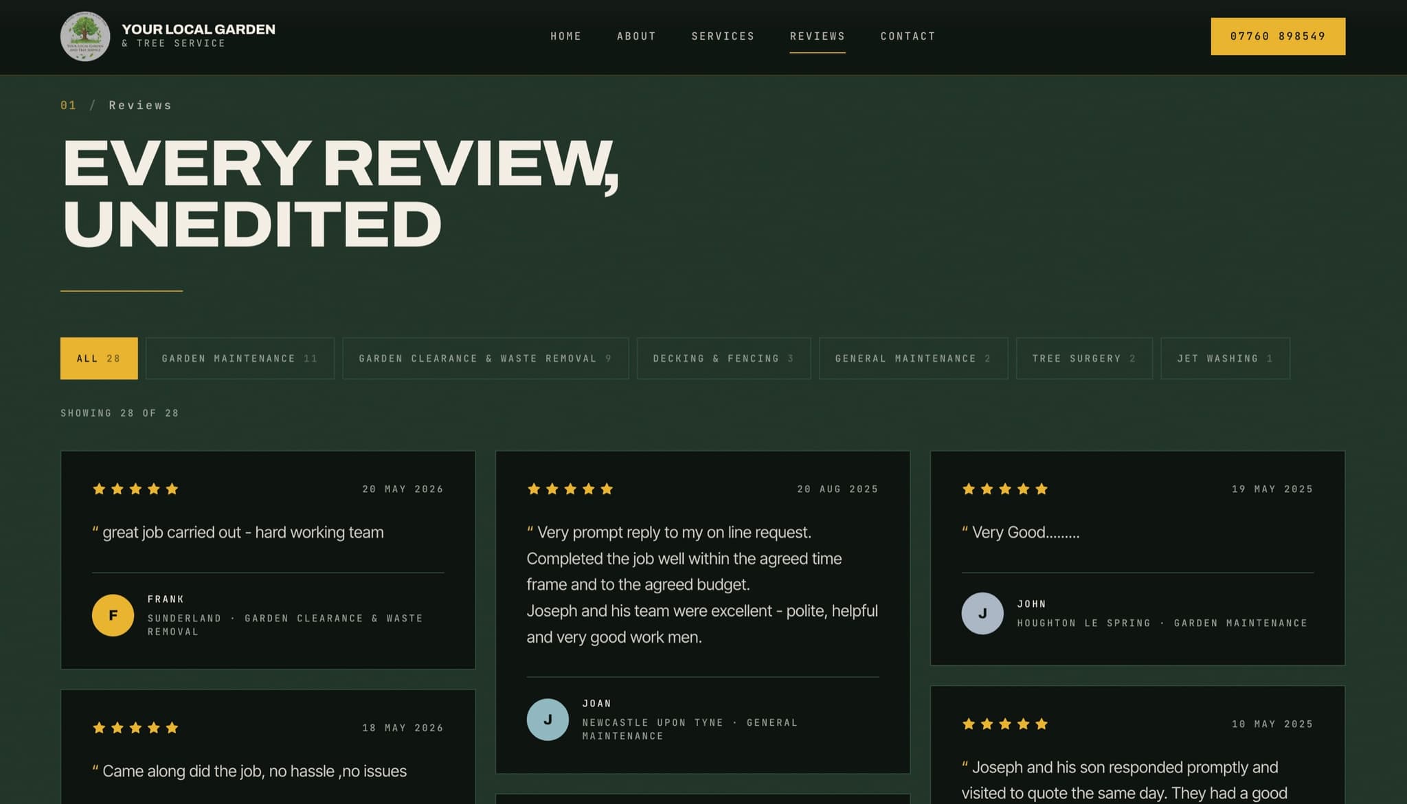 Your Local Garden and Tree Service reviews page, 28 filterable customer reviews