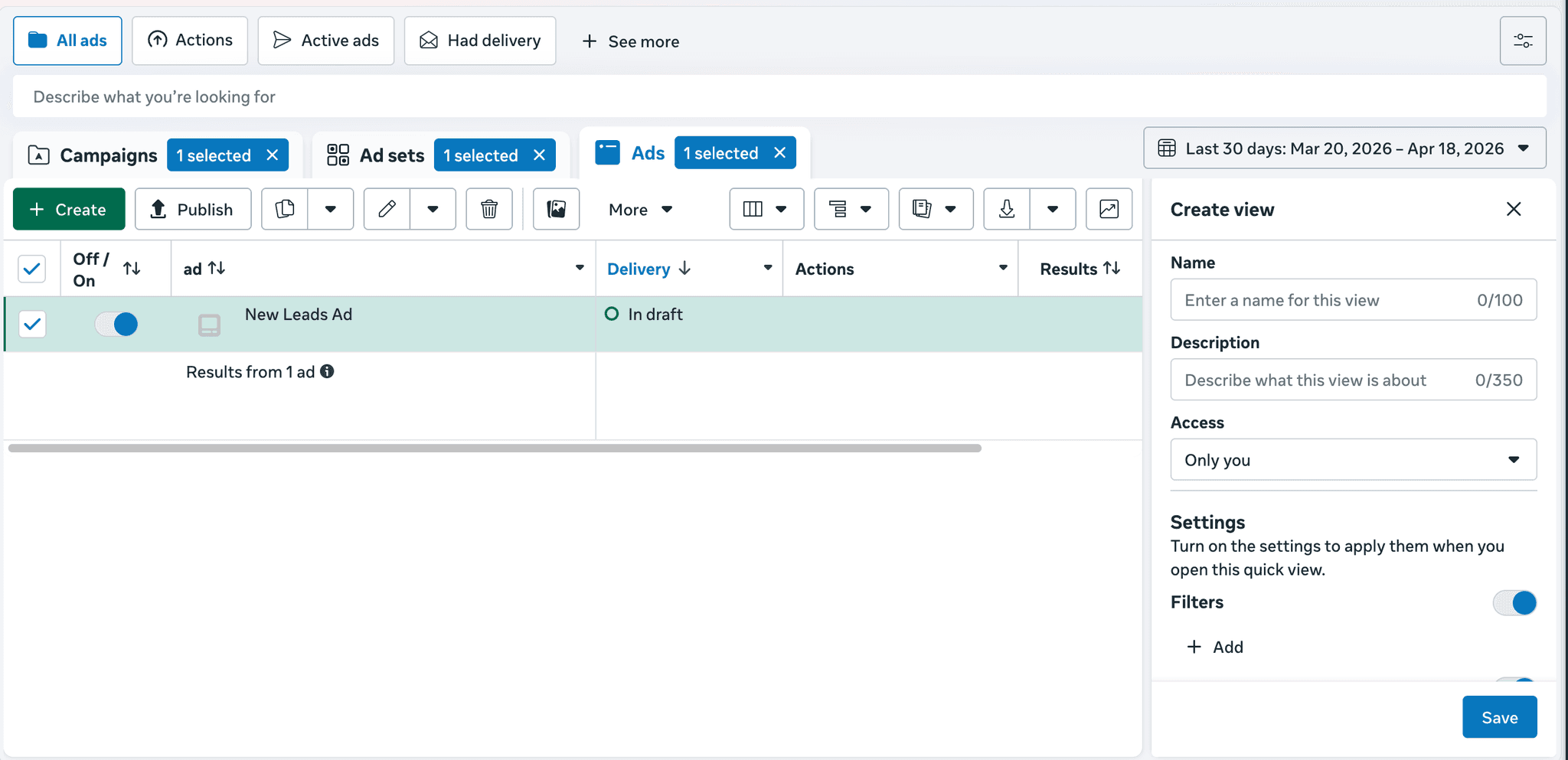 Meta Ads Manager panel showing campaign management dashboard for service businesses